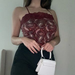 Maroon paisley tank top with lace trim
